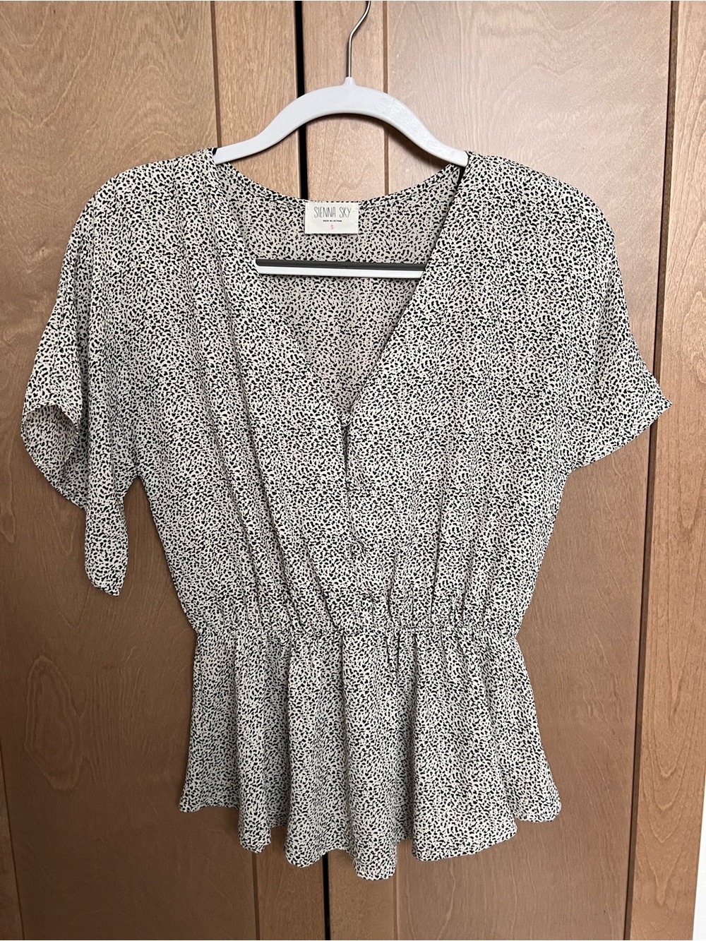 Sienna Sky Black & White Micro Dot Peplum Wrap Blouse